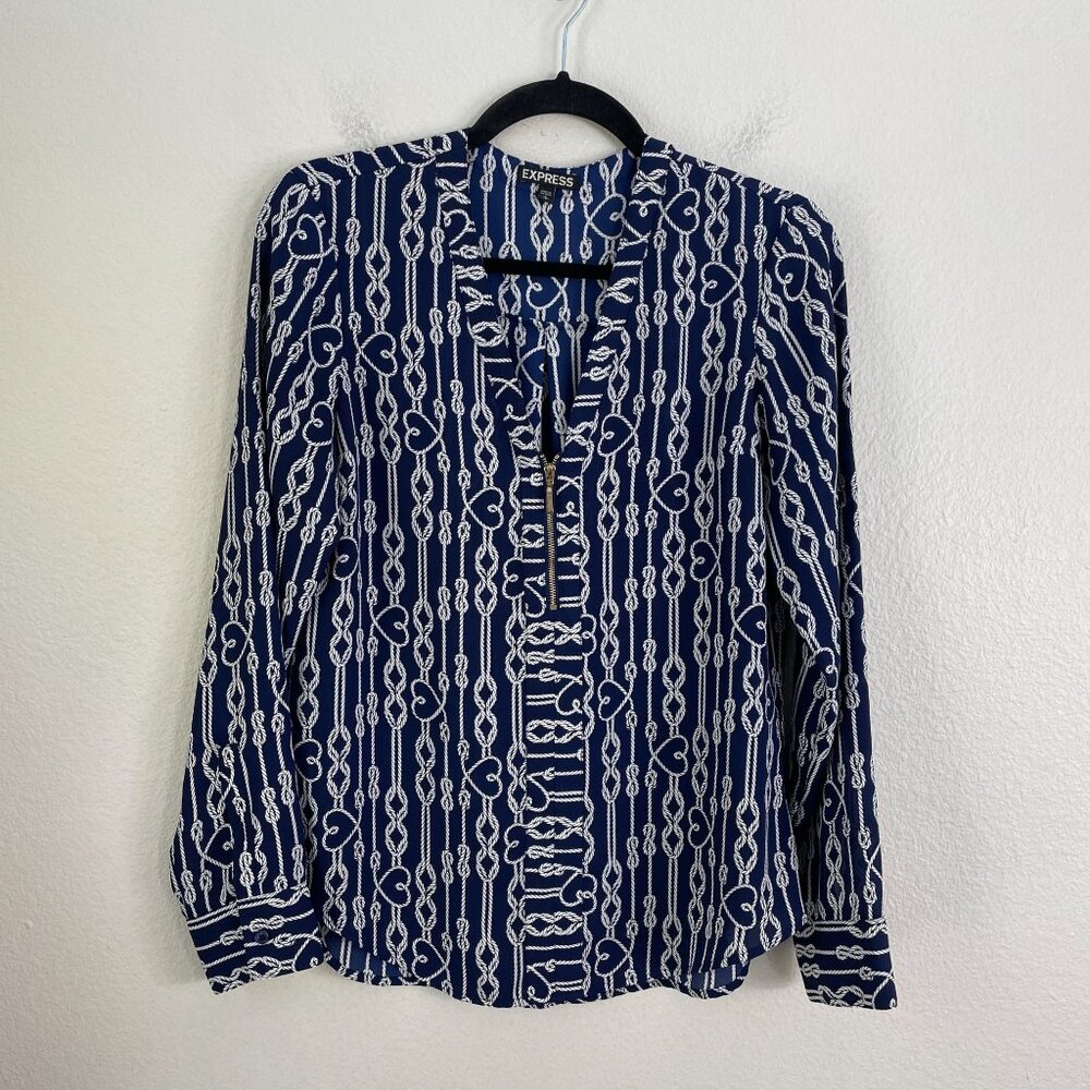 Express‎ Womens Small Navy White Rope Print Shirt Roll Tab Sleeve Blouse V Neck